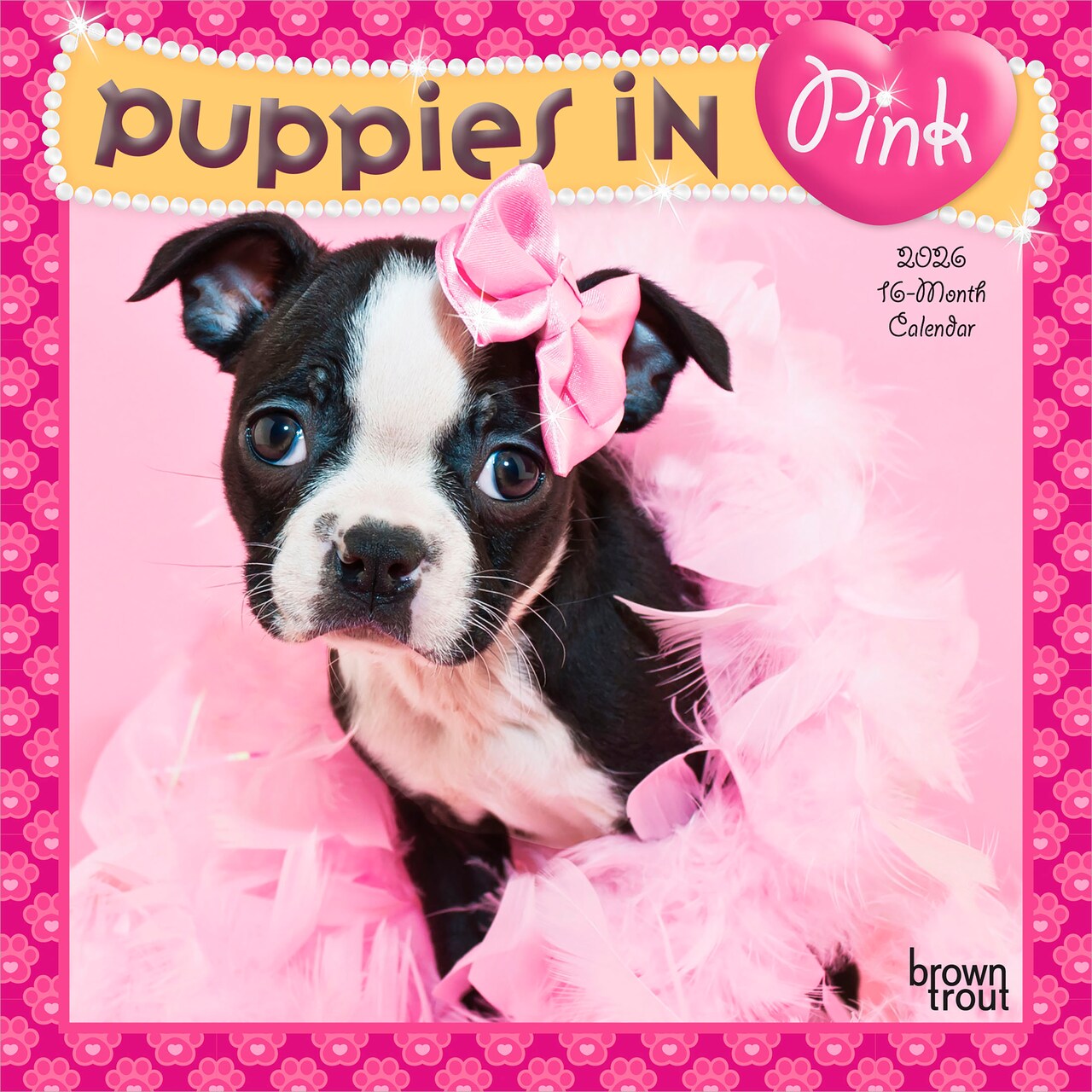 Puppies in Pink | 2026 7 x 14 Inch (Hanging) Monthly Mini Wall Calendar